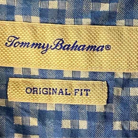 Tommy Bahama Shirt Men Plaid Silk Blend XL Blue Wood Button Short Sleeve Beach - Picture 2 of 8